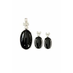Vintage Black Agate Pendant & Earrings Set Gold Tone Wire Wrapped